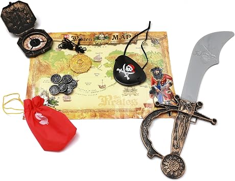 Kids Pirate Costume Dress Up Accessories Set, Role Play Props for Kids PartyPlastic Sword, Pirate Coins, Coin Bag, Eye Patch, Skull Coin Necklace, Compass, Treasure Map.