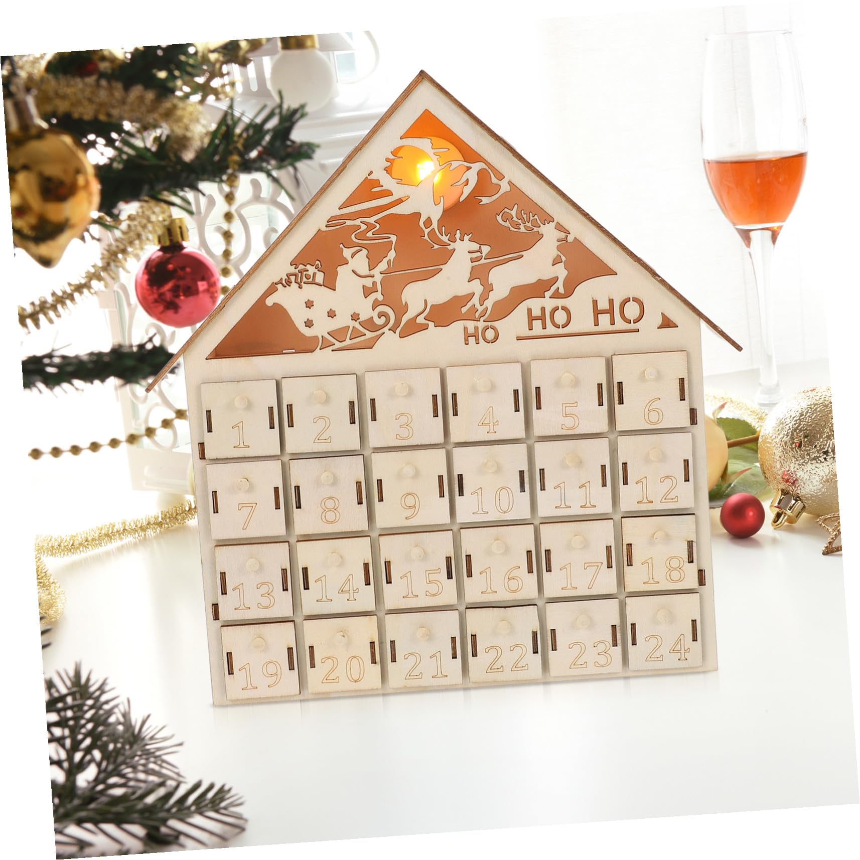 POPETPOP Calendario de Adviento de Madera LED Iluminado Reutilizable Decoración Navideña de Mesa Rústica Regresiva Navidad