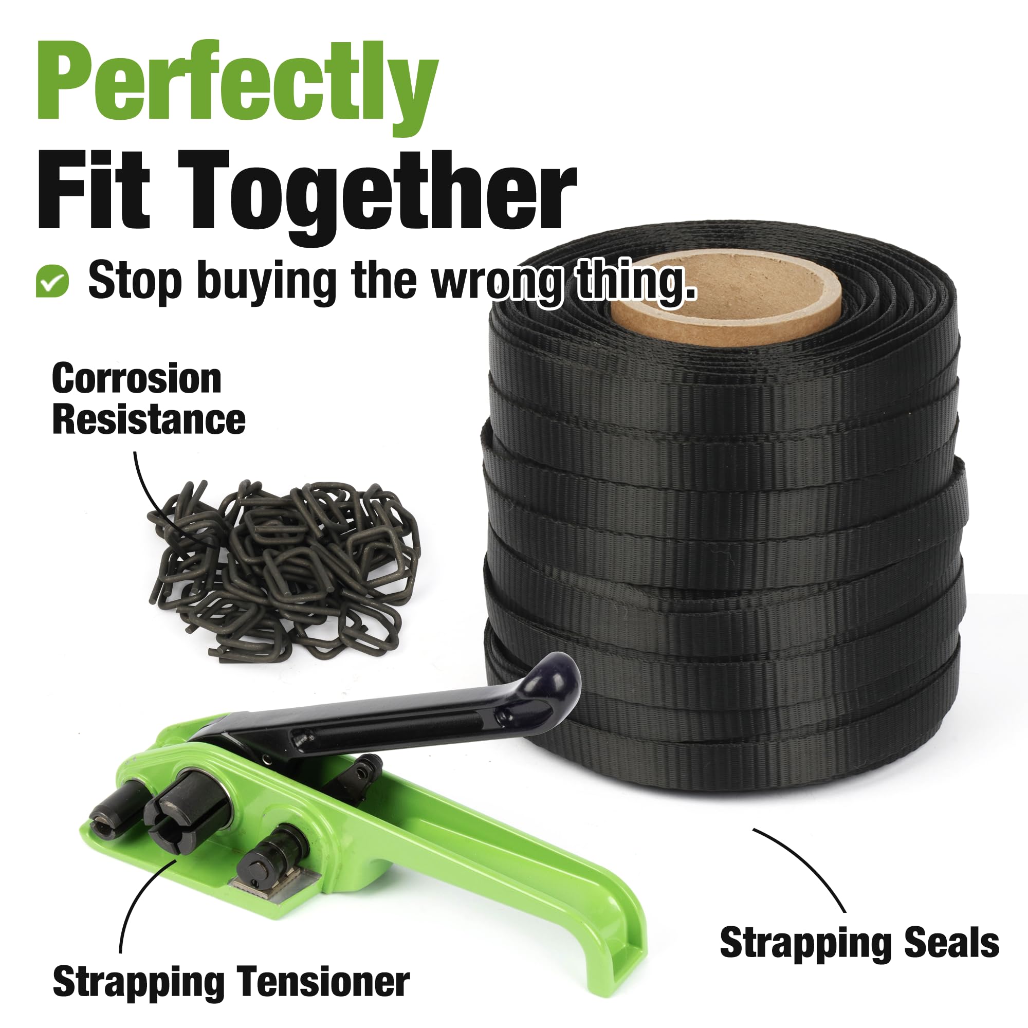 U.S. Solid Juego de flejes con cinta de tela de 19 mm x 100 m para palés, herramienta de sujeción 2 en 1, 100 hebillas de fosfato, juego de flejes manuales