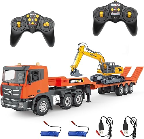 Miniatura 1 de Fistone Juego de juguetes de semirremolque y excavadora a control remoto, camión plano de 2.4 GHz con juguetes de excavadora, tractor de ingeniería