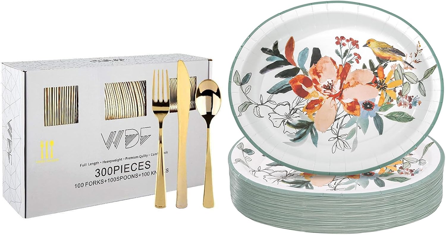 WDF300 Pieces Gold Plastic Silverware and WDF 50 Pack Floral Oval Paper Plates