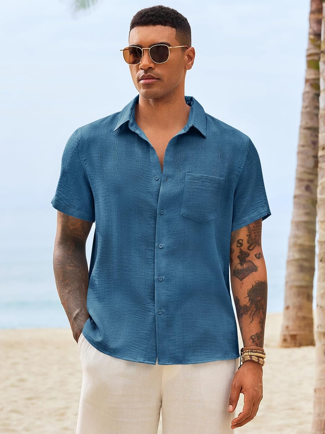 Runcati Mens Button Down Shirts Casual Short Sleeve Shirt Textured Linen Summer Beach Tops with Pocket - Image 4