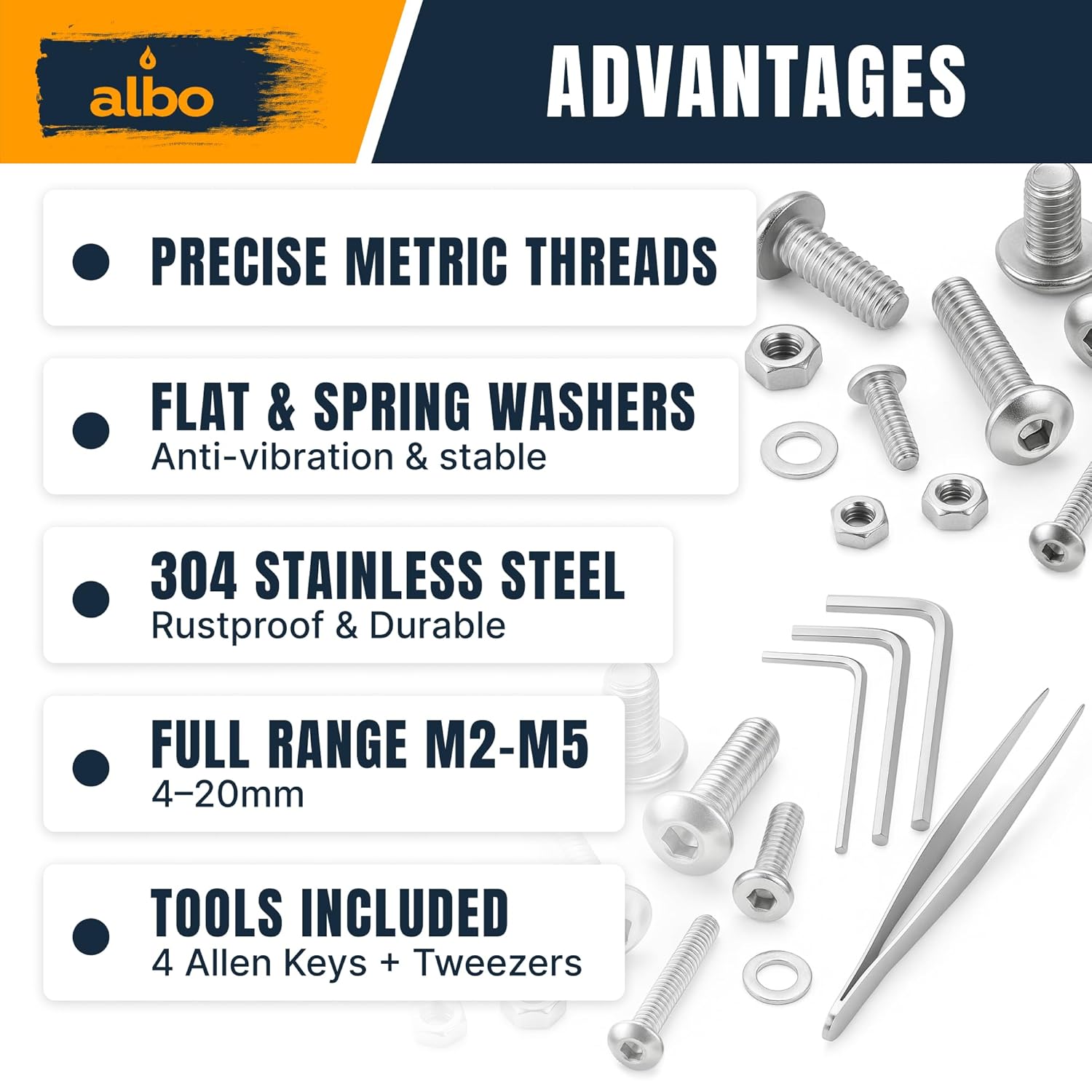 ALBO 304 Stainless Steel Metric Screw Assortment M2 M3 M4 M5, 2000PCS Hex Socket Cap Screws with Nuts, Flat & Spring Washers, 4 Allen Keys, Tweezers, Organized Storage Box for Home, Workshop & DIY