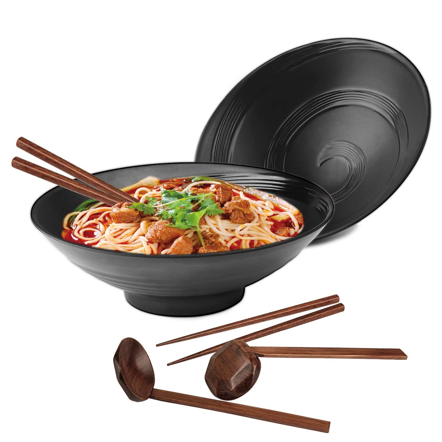 KASTWAVE Ramen Bowls set, 2 Sets of 57-Ounce Soup Bowl Sets With Chopsticks and Spoons,Japanese Style Melamine Ramen Bowl Sets Suitable for Ramen, Pho, Noodle, Soup