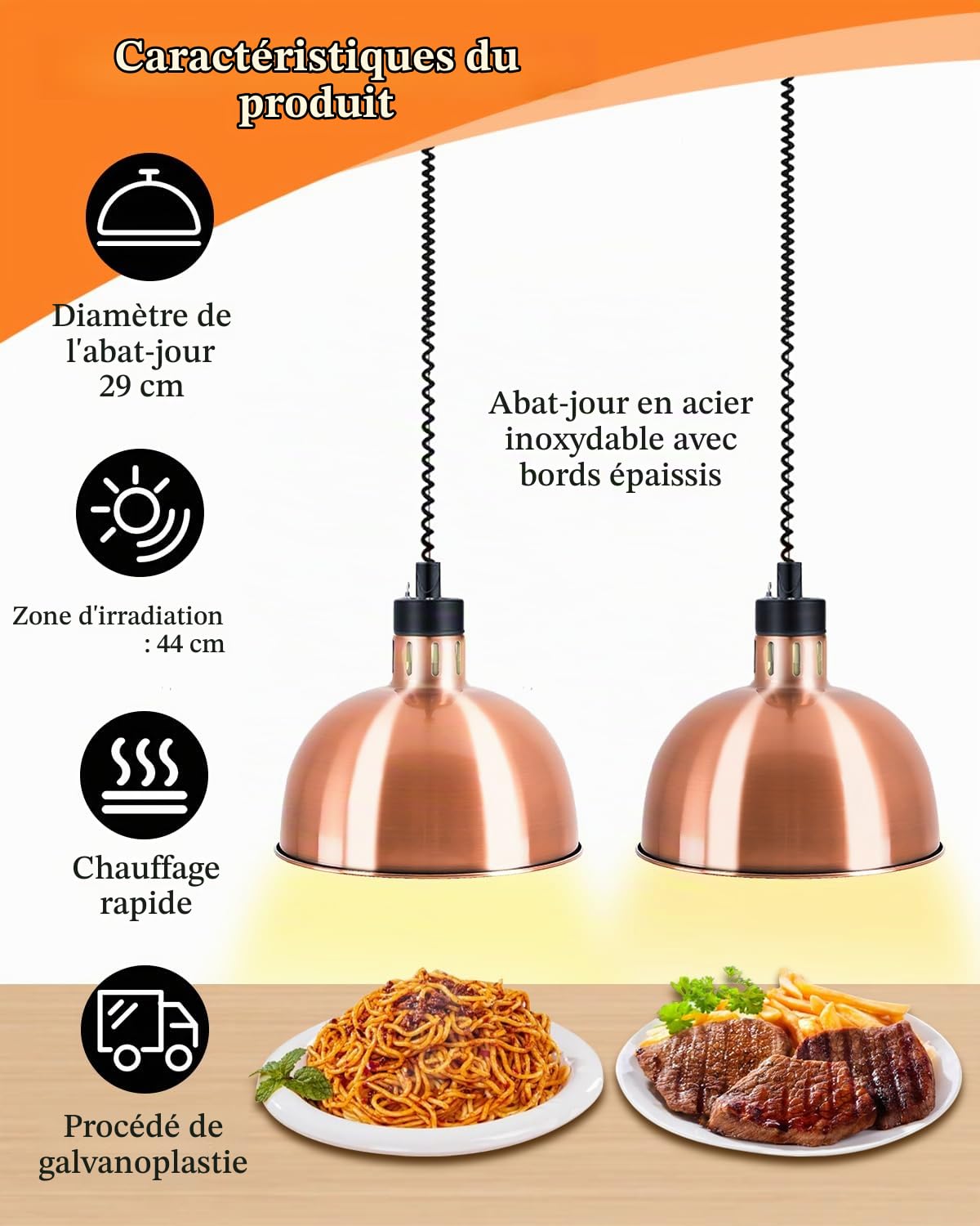 YJINGRUI 500W Buffet Heat Lamp, Adjustable Height 60-180cm, Set of 2 | 29cm Stainless Steel Lampshade for Restaurant, Buffet, Hotel and Catering