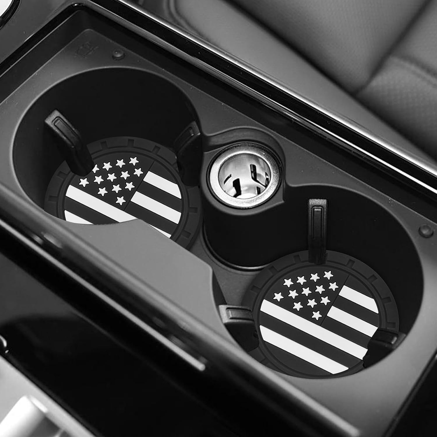 Car Cup Holder Coasters,4 Pack American Flag Silicone Cup Holder Insert,2.75 Inch Anti Slip Waterproof Cup Holder Liner, Shockproof Drink Mat Auto Interior Accessory for Cars SUVs Trucks（Black）