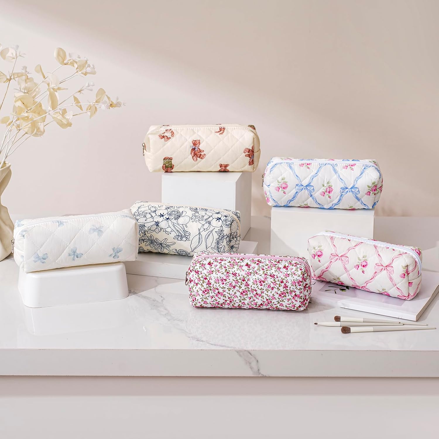 Cute Floral Cotton Makeup Brush Cosmetic Bag for Women, Travel Quilted Zipper Make Up Bag, Flowers Toiletry Organizer Case Kawaii Makeup Cosmetic Travel Cloth Pouch (Navy Blue Flower) - Image 5