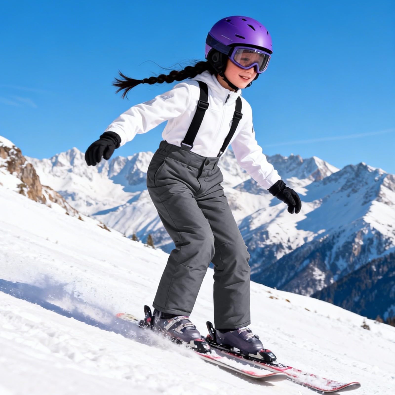 Pantaloni da sci per bambini, invernali, per ragazzi e ragazze, imbottiti, impermeabili, caldi, con chiusura lampo e spalline regolabili per lo sci