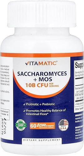 Vitamatic Saccharomyces Boulardii Probiotic 10B por porción + extracto de levadura (fracción de levadura MOS) 300 mg - 60 cápsulas DR - Fabricado en