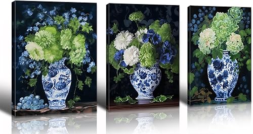 Miniatura 14 de Chinoiserie Decor – Jarrón chino oriental de porcelana azul blanco pintura floral acuarela hortensia arte de pared moderno imágenes de flores