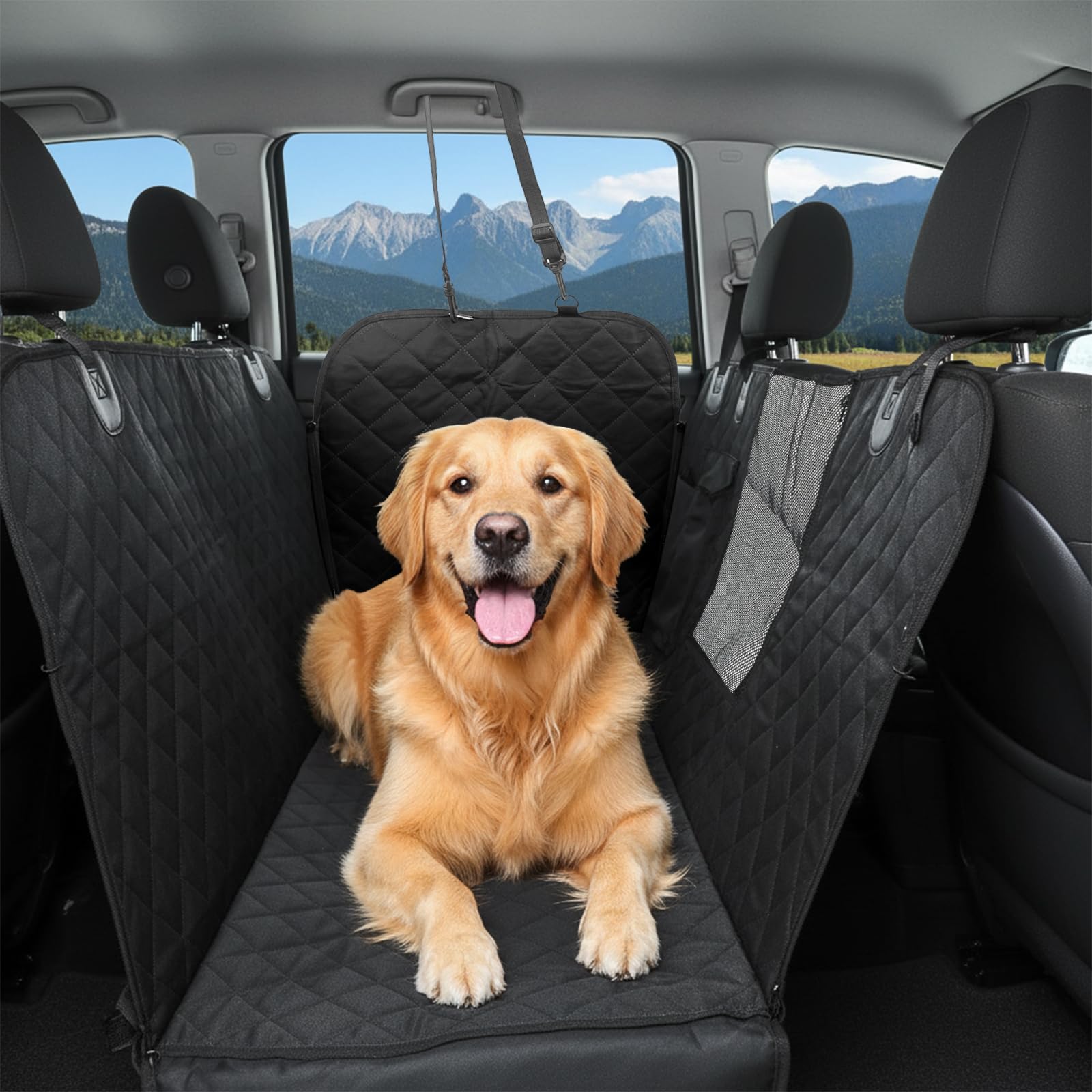 Afcabakila Dog Car Seat Cover for Back Seat with Mesh Window, Waterproof Dog Hammock, 600D Heavy Duty Pet Seats Cover with Side Flap, Anti-Scratch Nonslip Pet Seats Protector for Cars Trucks SUV