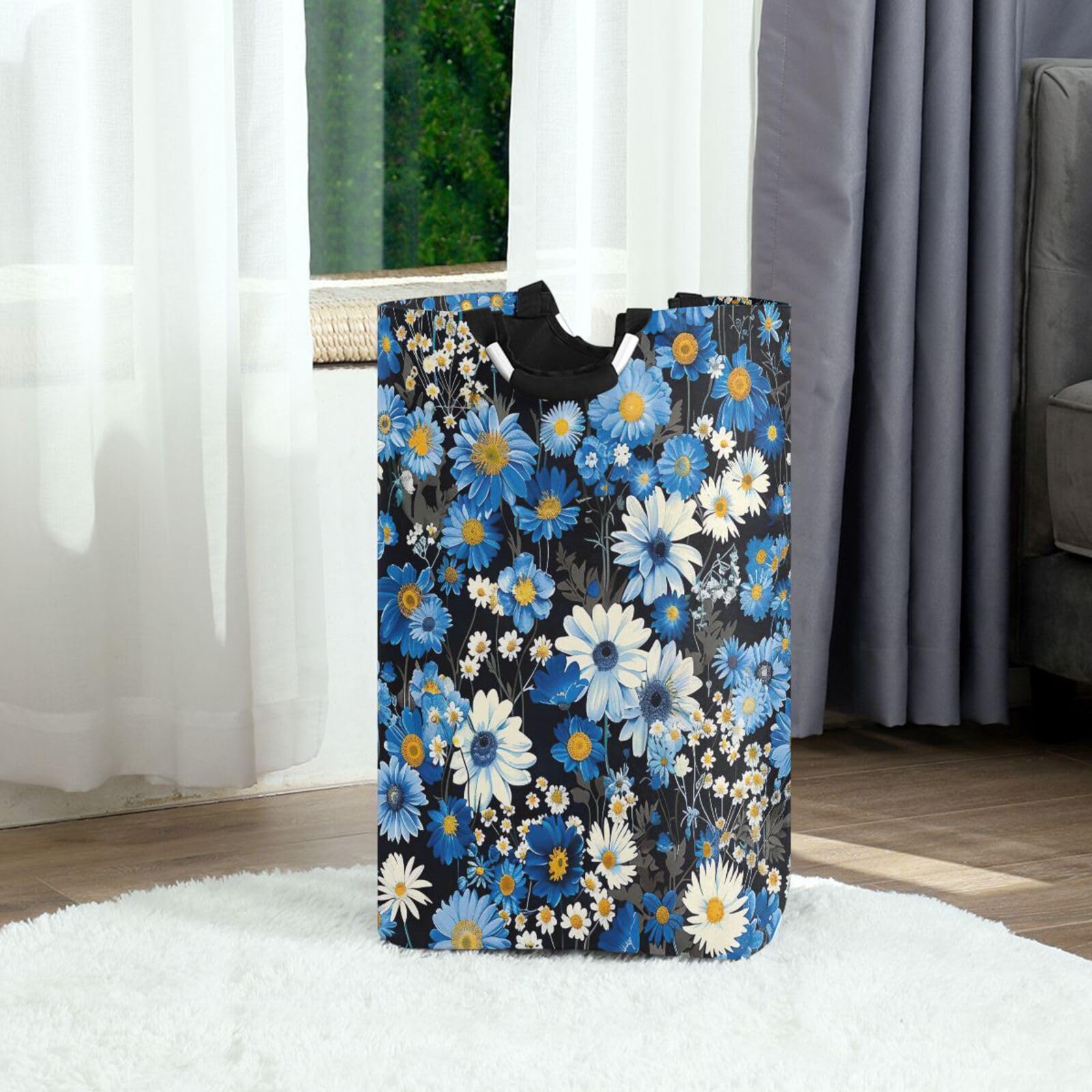 Jihqo Laundry Hamper Basket Blue White Flowers Collapsible Nursery Storage Bin Waterproof Clothing Baskets for Home Bedroom Bathroom Washing Room