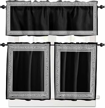 3 Piece Black White Kitchen Curtain Valance and Tiers Set Geometric Greek Key Bordered Abstract Art Rod Pocket Tier Curtain 36 Inch Small Window Drapes for Living Room Bedroom Cafe Home Decor