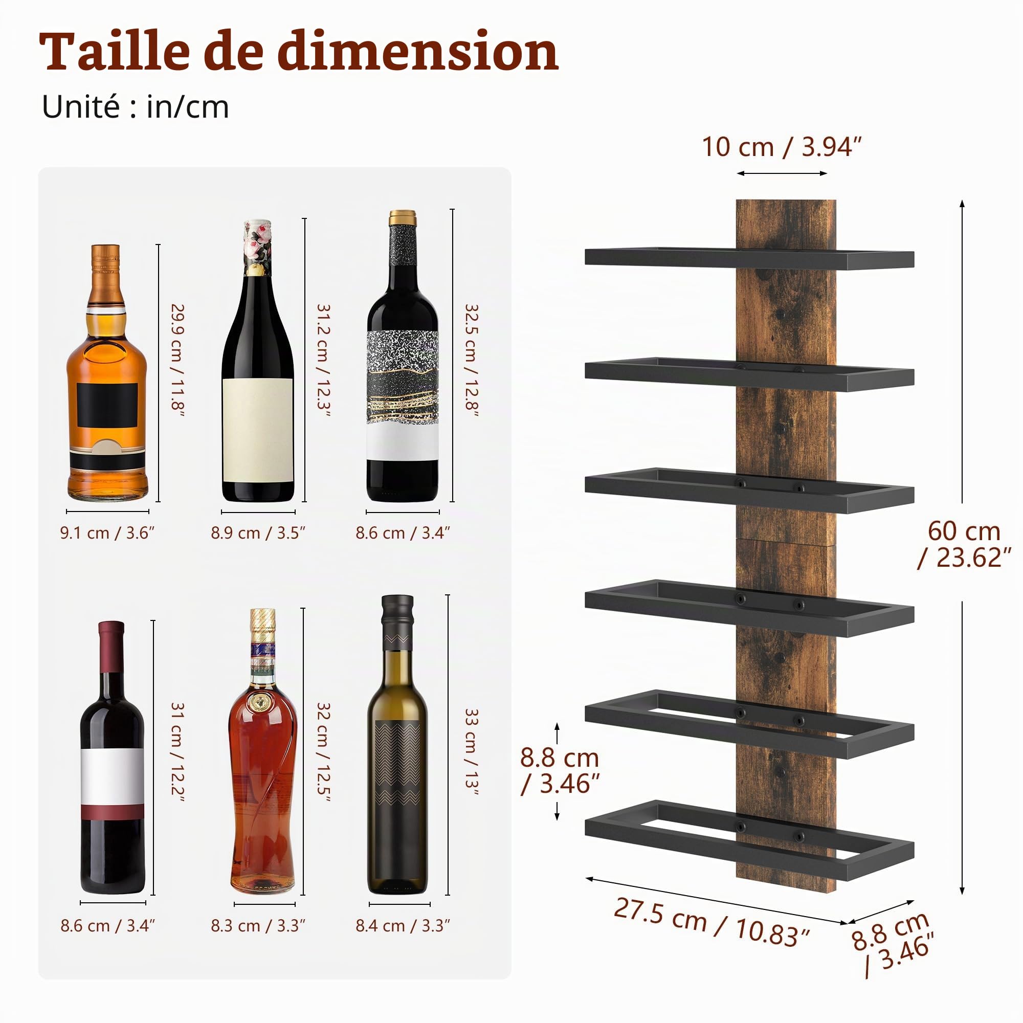 FAVOOSTY Étagère à vin Murale, Porte-Bouteilles, étagère à Bouteilles à 6 Niveaux, en métal, étagère à vin pour Salle à Manger, Chambre à Coucher, Cave à vin-Noire