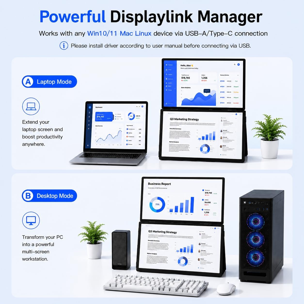 18.5'' Portable Dual Monitor, One Cable Laptop Screen Extender, FHD 1080P 100Hz Type-C USB-A HDMI, Folding Stacked Triple Monitor Built-in Stand Speakers for Laptop Desktop Windows Mac(Driver Need)