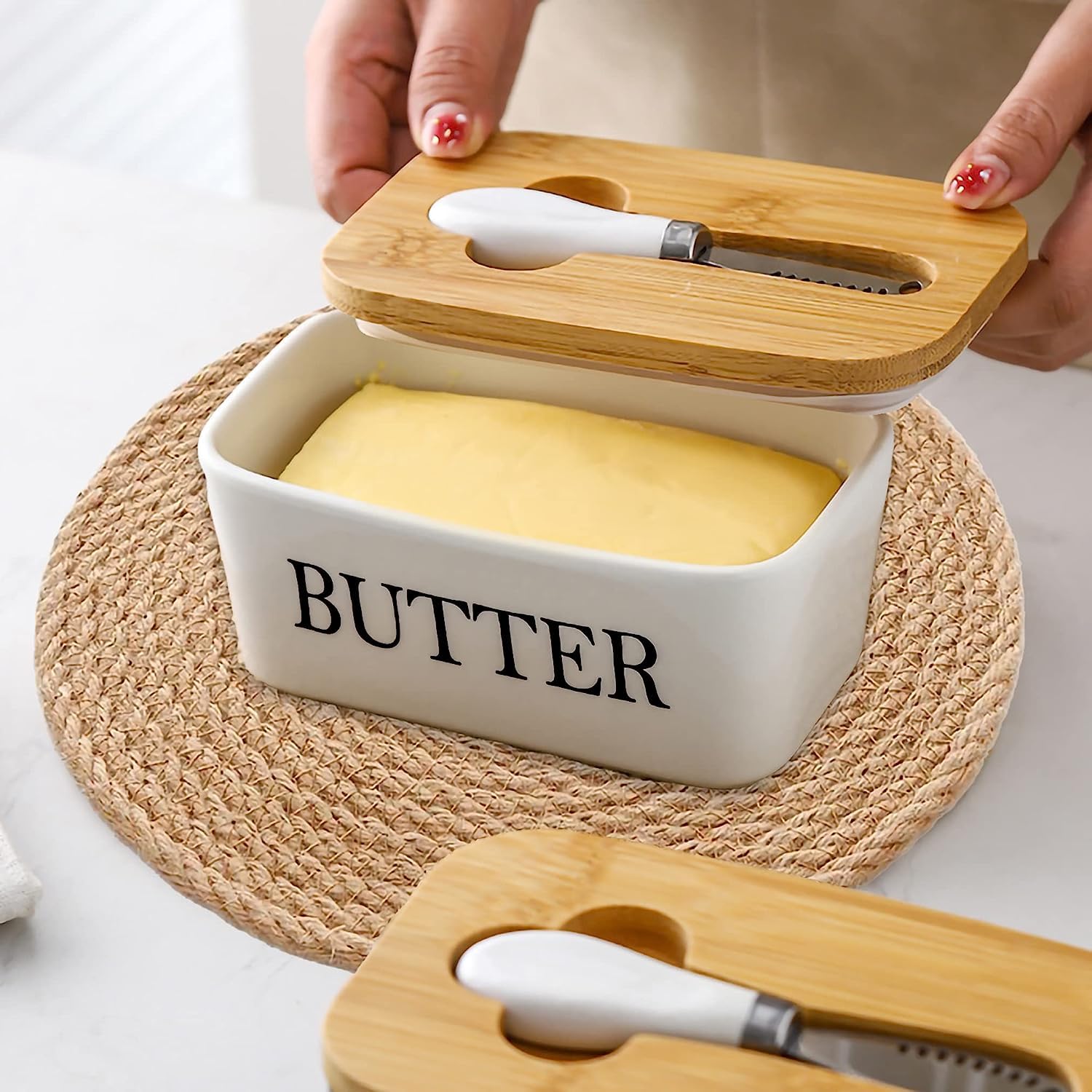 Butter Dish, Ceramic Butter Dish with Wooden Lid & Stainless Steel Knife 2