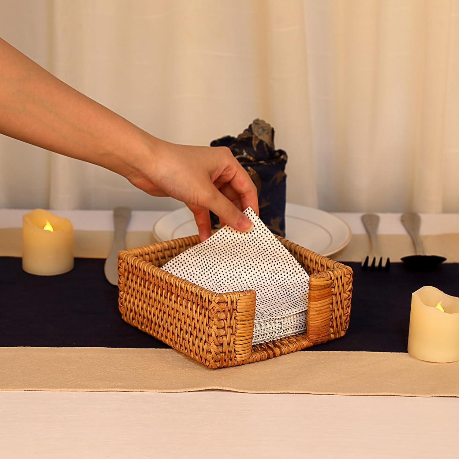 Sumnacon Napkin Holder,Square Rattan Napkin Holder Table Wicker Countertop,Cocktail Napkin Holders Rustic Napkin Holders for Kitchen Dining Table Counter Vintage Napkin Basket for Picnic Wedding Party - Image 3