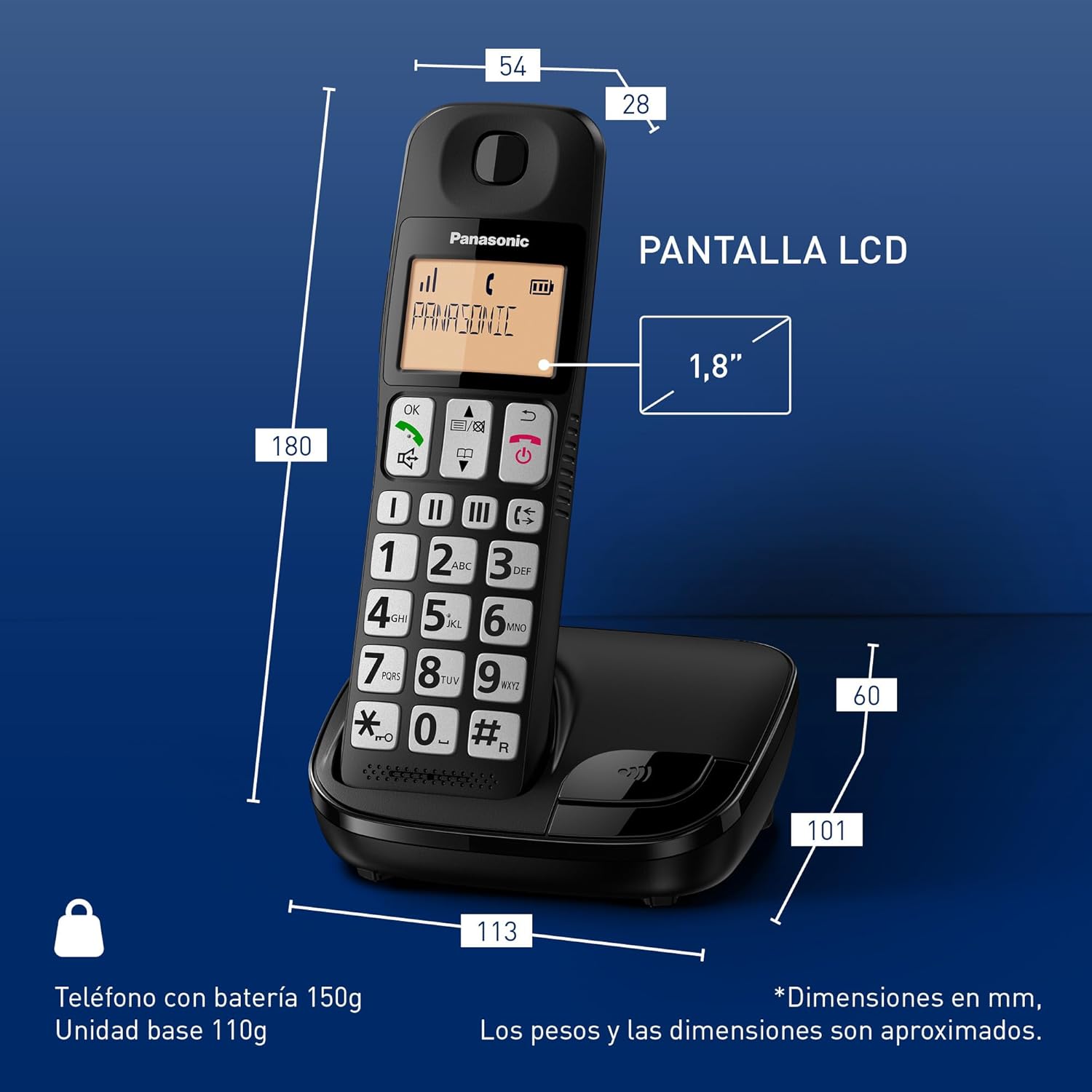 Dimensions of Panasonic KX-TGE310SPB phone