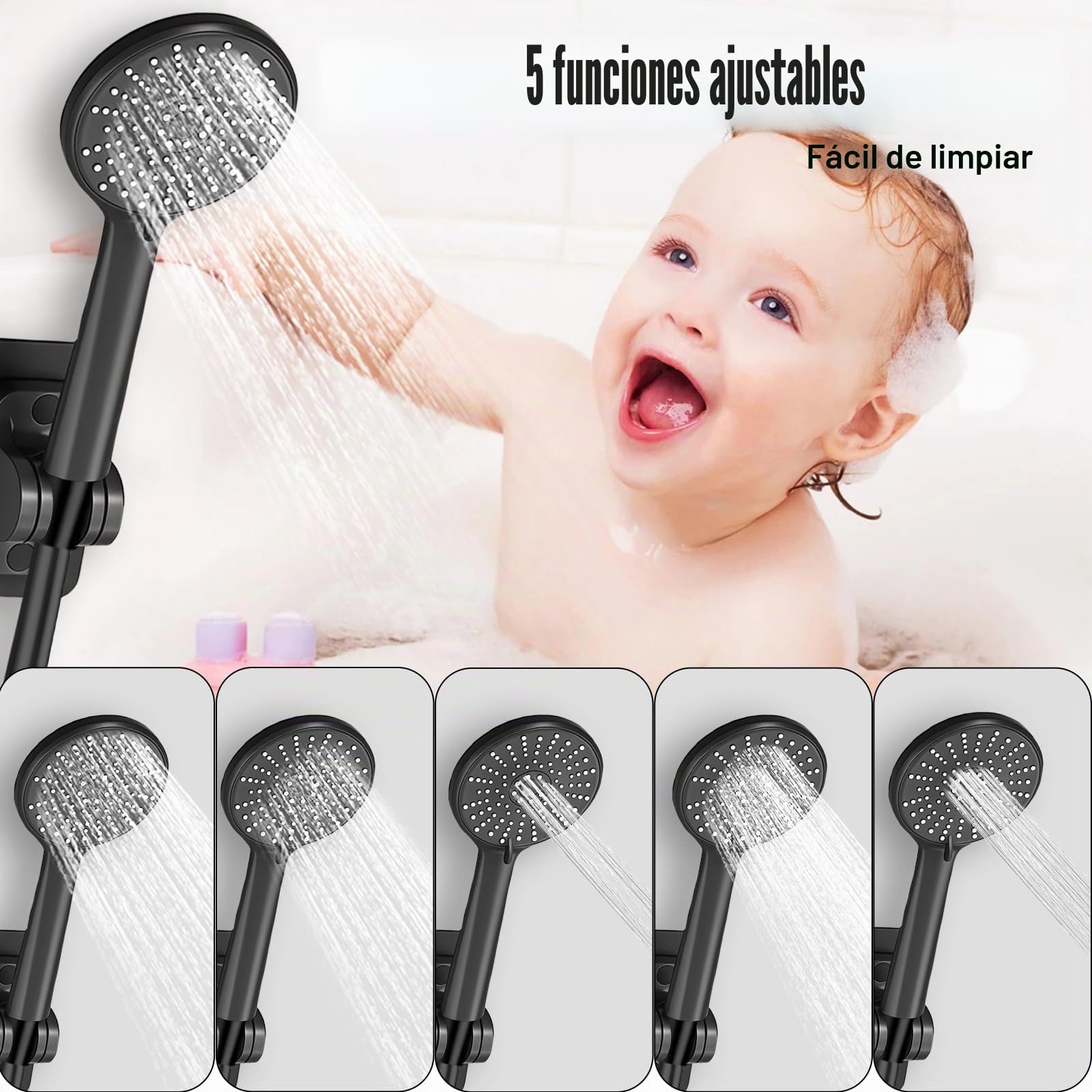 Grifo Bañera Negro en Cascada, Grifo Mural de Latón para Ducha y Baño, con Ducha de Mano de 3 Modos, Mezclador Monomando para Bañera Universal 1/2" Salida Inferior, con Soporte y Manguera de 1,5 m