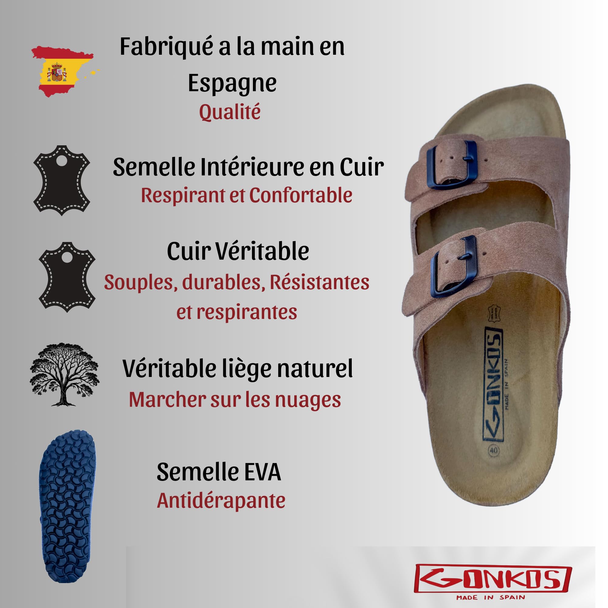 Sandales en Cuir avec Boucles, Mules Cuir Véritable, Liège Naturel, Réglables au Pied, Mules Homme/Femme Cuir, Semelle Antidérapante EVA, Sandales de Qualité Fabriquées en Espagne
