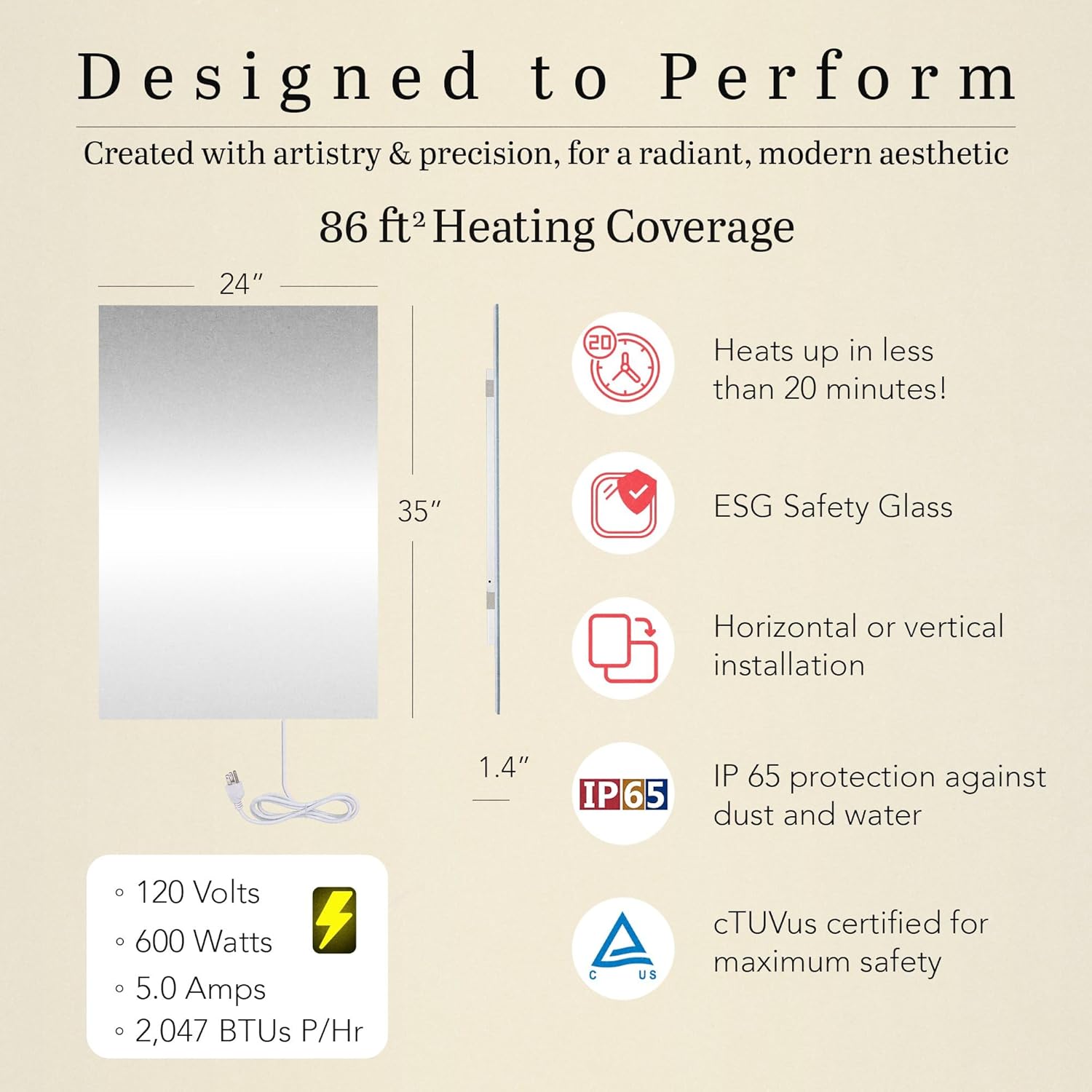 Infrared Wall Heater Panel Glass Mirror 600W Electric Radiant Heat Panel 24x35in. Energy Efficient Space Heater, Wall Mounted Infrared Heater for Indoor Use, Silent Heating Panel for Bathroom, Bedroom
