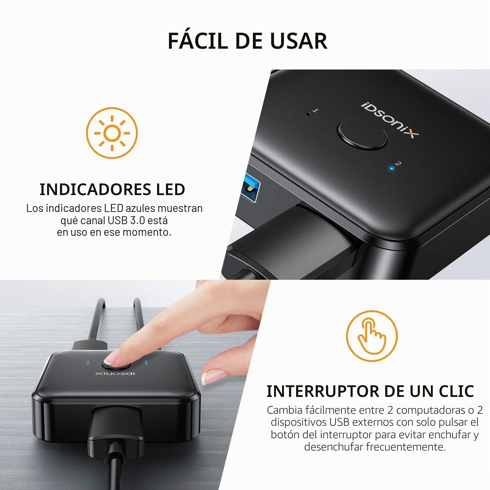 iDsonix USB 3.0 Selector de Interruptor, USB Switch 2 en 1 Salida (1 en 2 Salida) Bidireccional 2 USB Sharing Switch para PC, Impresora, escáner, Teclado