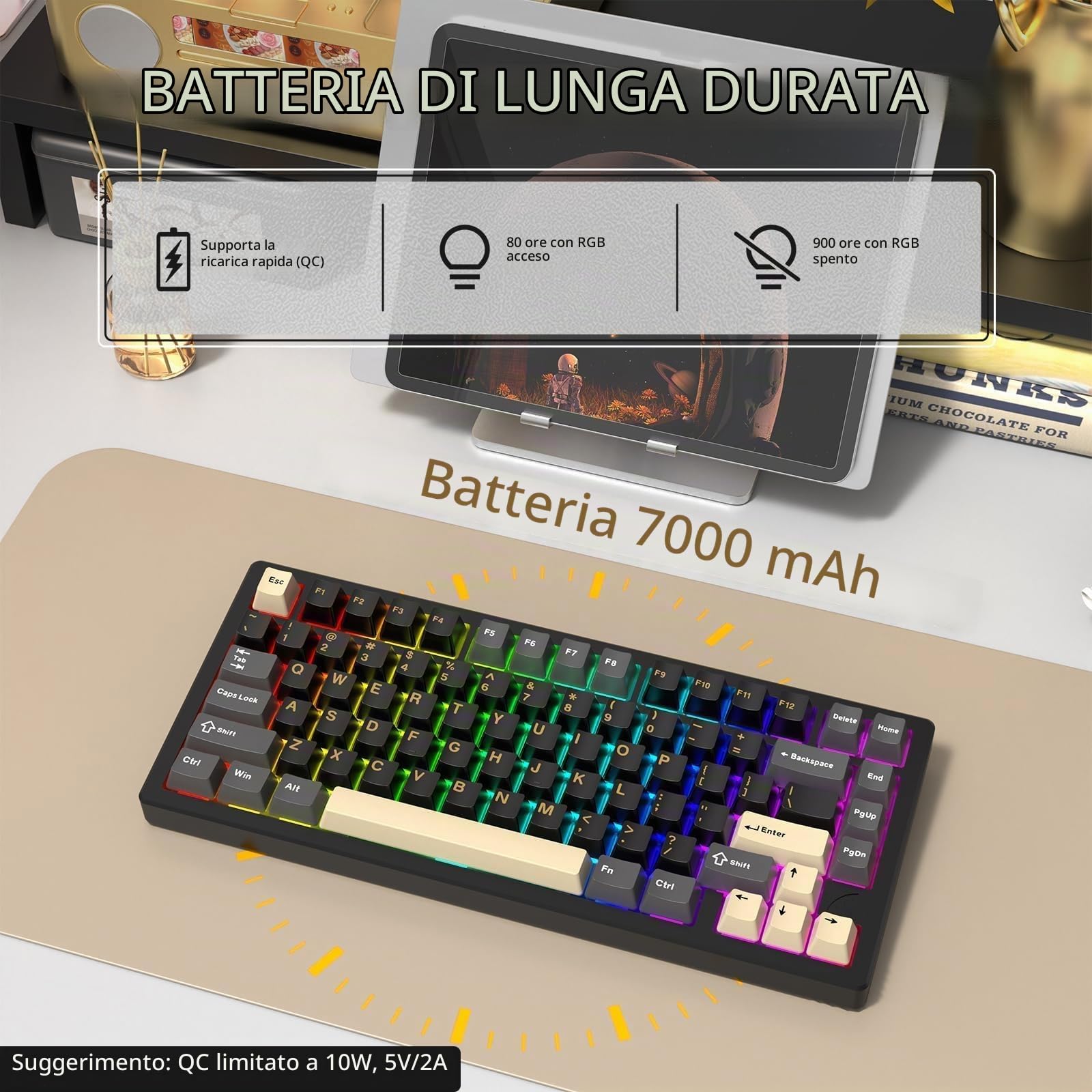 ATTACK SHARK X75 VIA Con Tastiera Meccanica Wireless in Alluminio Completo, BT/2.4GHz/USB-C Cablate, Hot-Swap Interruttori Lineari RGB, Layout 75% QWERTY Con Imbottitura a Cinque Strati -Nero