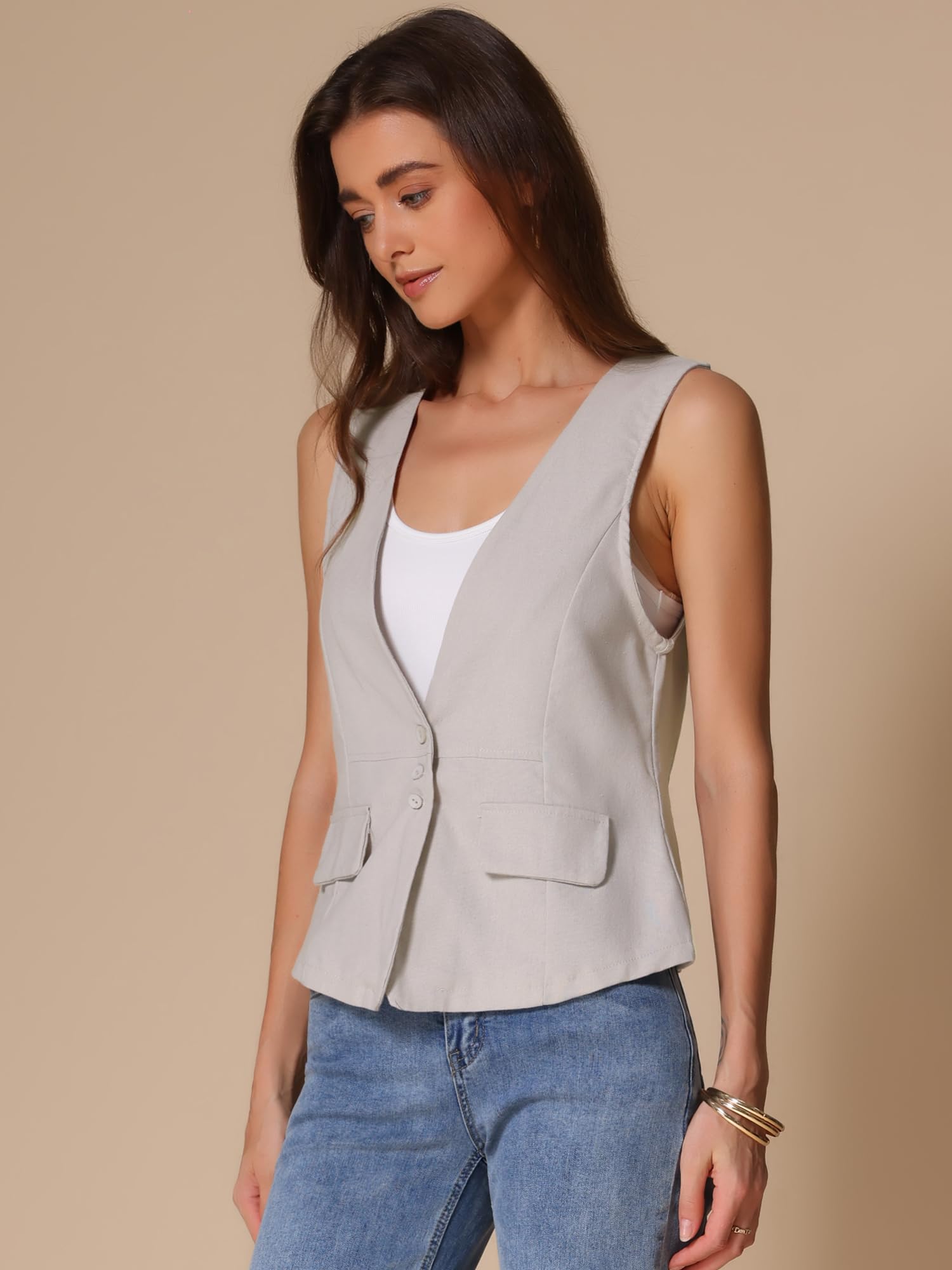 Allegra K Donna Gilet Casual In Lino, Giacca Leggera Senza Maniche, Blazer Leggero