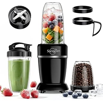Sangcon 1000 W Mixer for Smoothies, Powerful 22000 RPM Mixer for the Kitchen with 3 Cups + 2 Spout Covers + 1 Storage Cap + 1