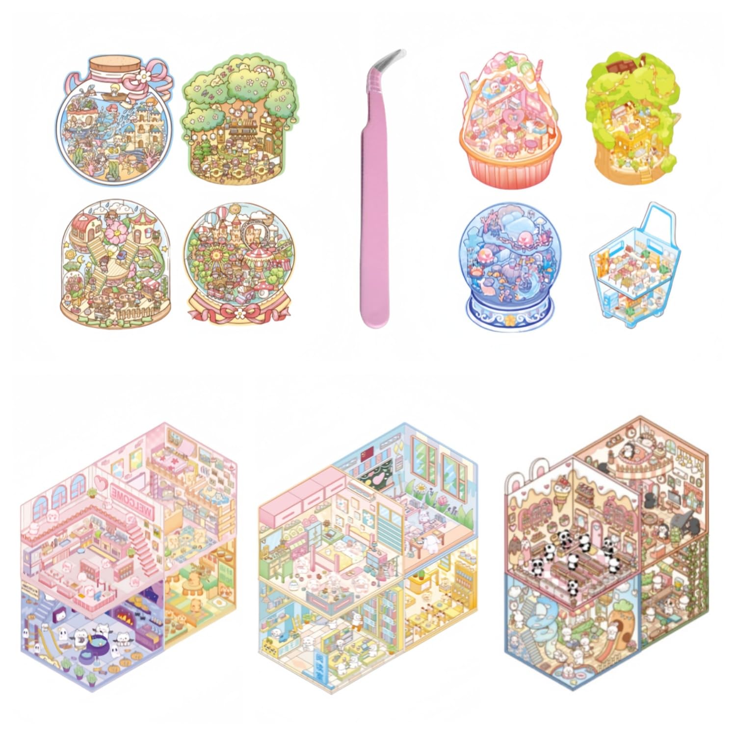 20 Sets 3D DIY House Stickers,Fun Cartoon DIY 3D Stickers Scenes for Adult Relief Stress Pass The Time,Make Your Own Warm Miniature Home Restaurant Noodles Dessert Shop - Image 2