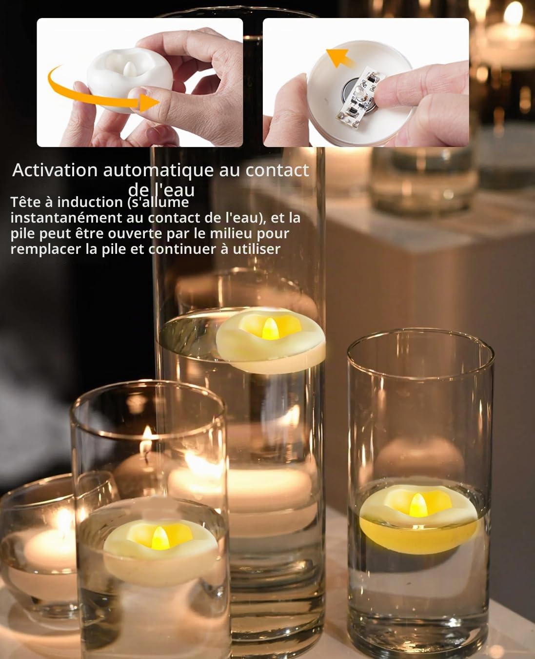Lot de 300 bougies flottantes de 5,1 cm, 200 heures activées par l'eau, blanc chaud, alimentées par piles, pour centres de table, baignoire, piscine, fontaine