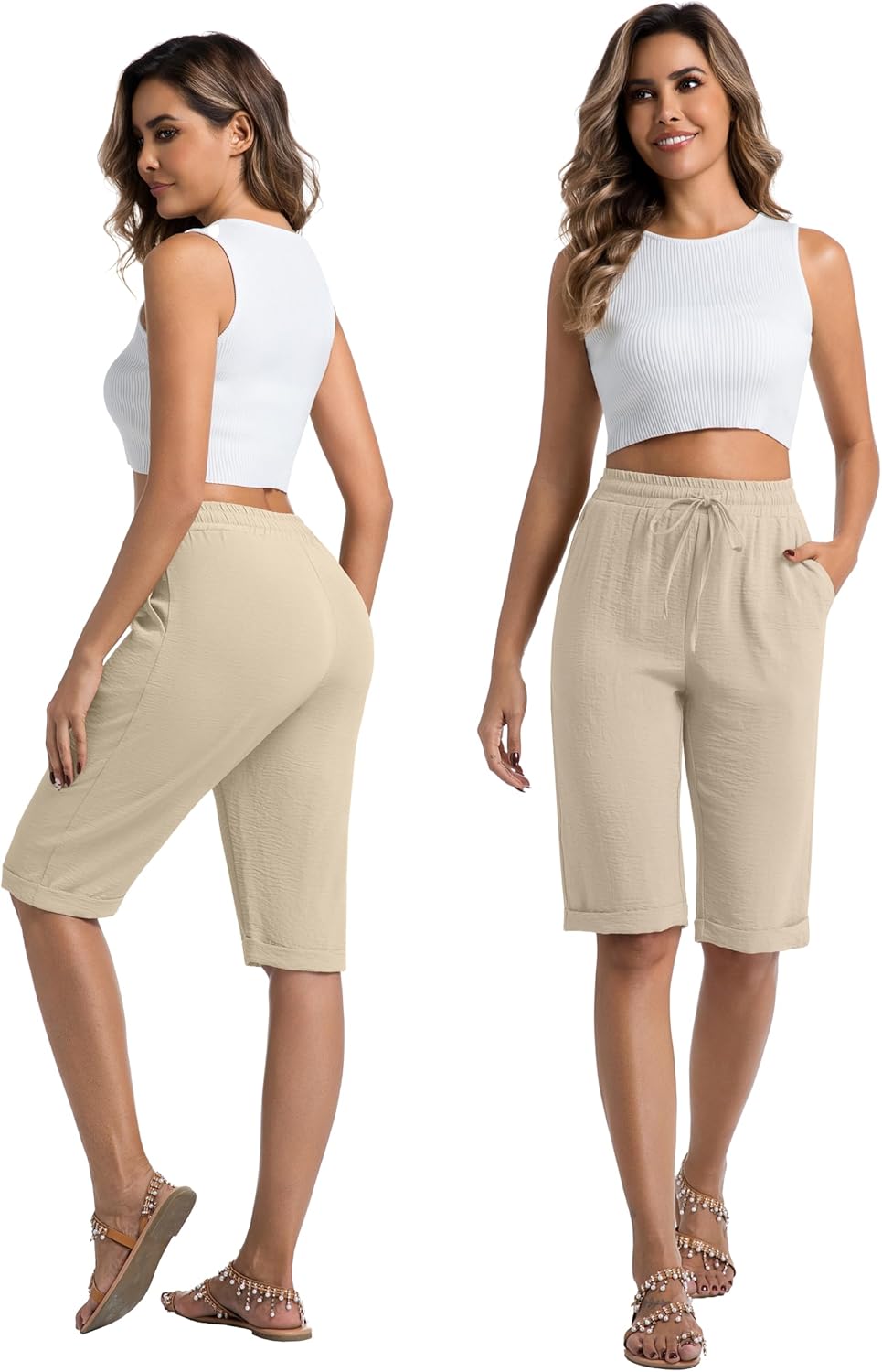 Womens Shorts Summer Elastic Waist Drawstring Bermuda Short Knee Length Casual Capri Pants with Pockets - Image 4