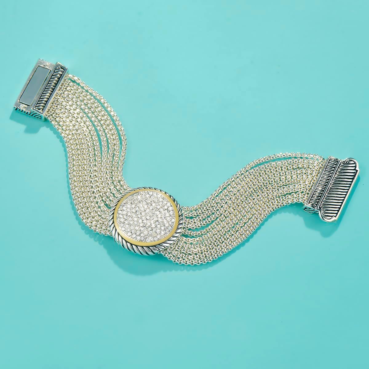 UNY JEWEL Jewelry Make a Statement with Our Two Tone Twisted Cable Wire Circle Multi Strand Box Chain Bracelet Featuring Pave Rhinestone - Image 4