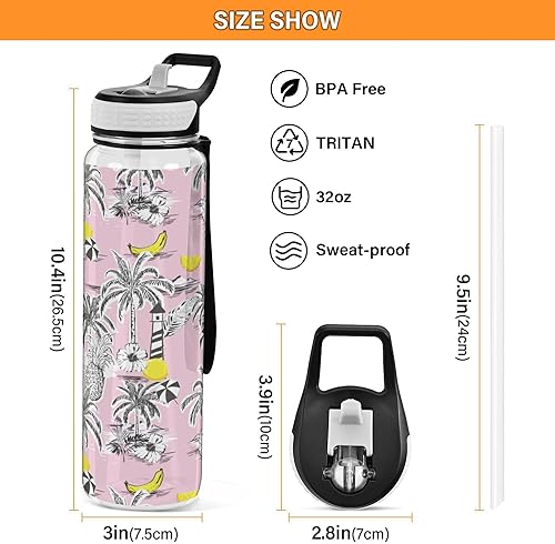 Miniatura 3 de JUNZAN Lighthouse - Botellas de agua deportivas de 32 onzas con pajilla, con hoja de palmera, piñas, color rosa, botella de agua de viaje a prueba