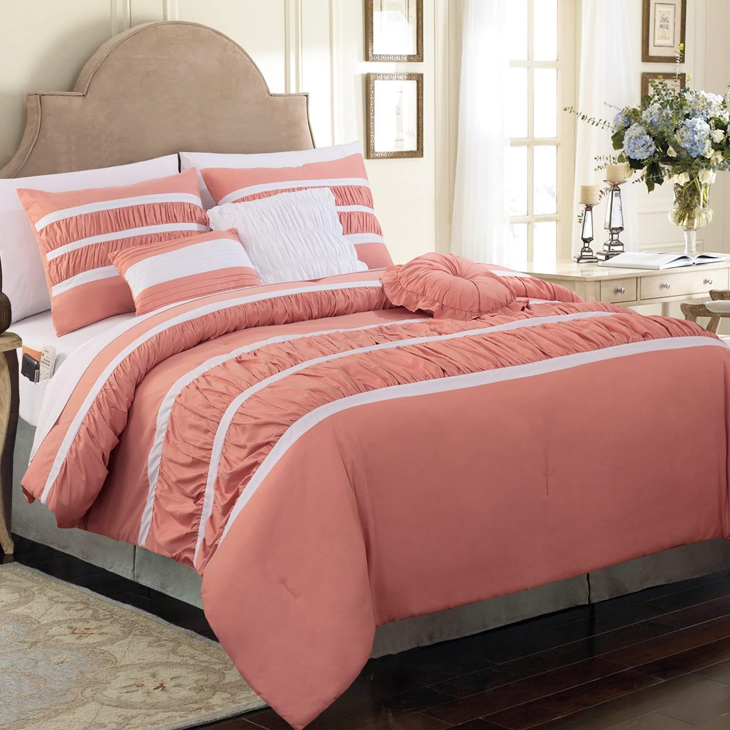 Elegant Comfort 12-Piece Bed-in-a-Bag, Isabella Pleated Ruched Ruffled Comforter Set, 6-Piece Sheet Set Featuring Smart Pockets, Matching Decorative Pillows, All Season Bedding, Queen, Dusty Rose