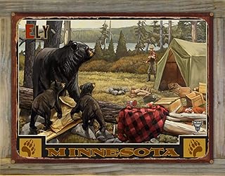 Ely Minnesota Lake Camper Bears Rustic Metal Print on Reclaimed Barn Wood from Travel Artwork by Artist Paul A. Lanquist 17" x 23"