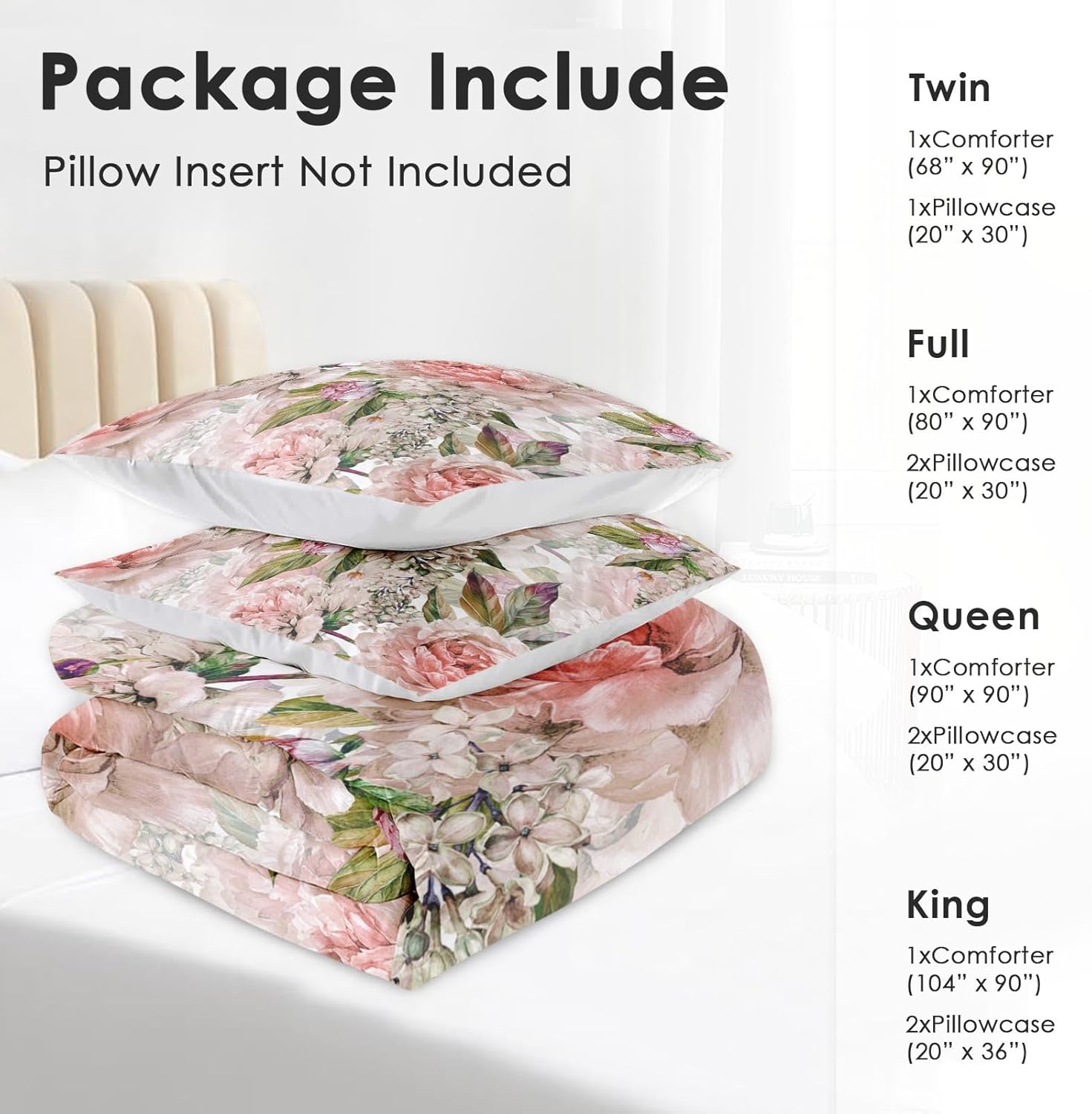 Comforter Set King Size, Floral Rose Lilac 3 Pcs Soft Bedding Set for Kids and Adults, Green Leaves Botanical Comforter Set with 2 Pillowcases, for Bedroom Bed Decor - Image 6