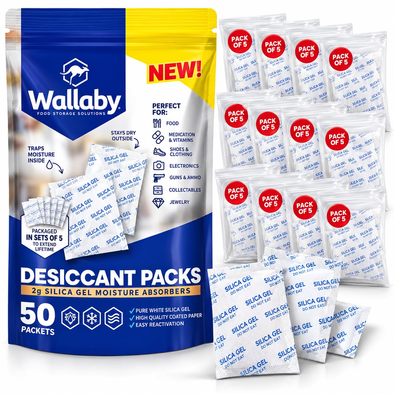 Wallaby 2g Food Safe Desiccant Packets for Moisture Control (50-pack)