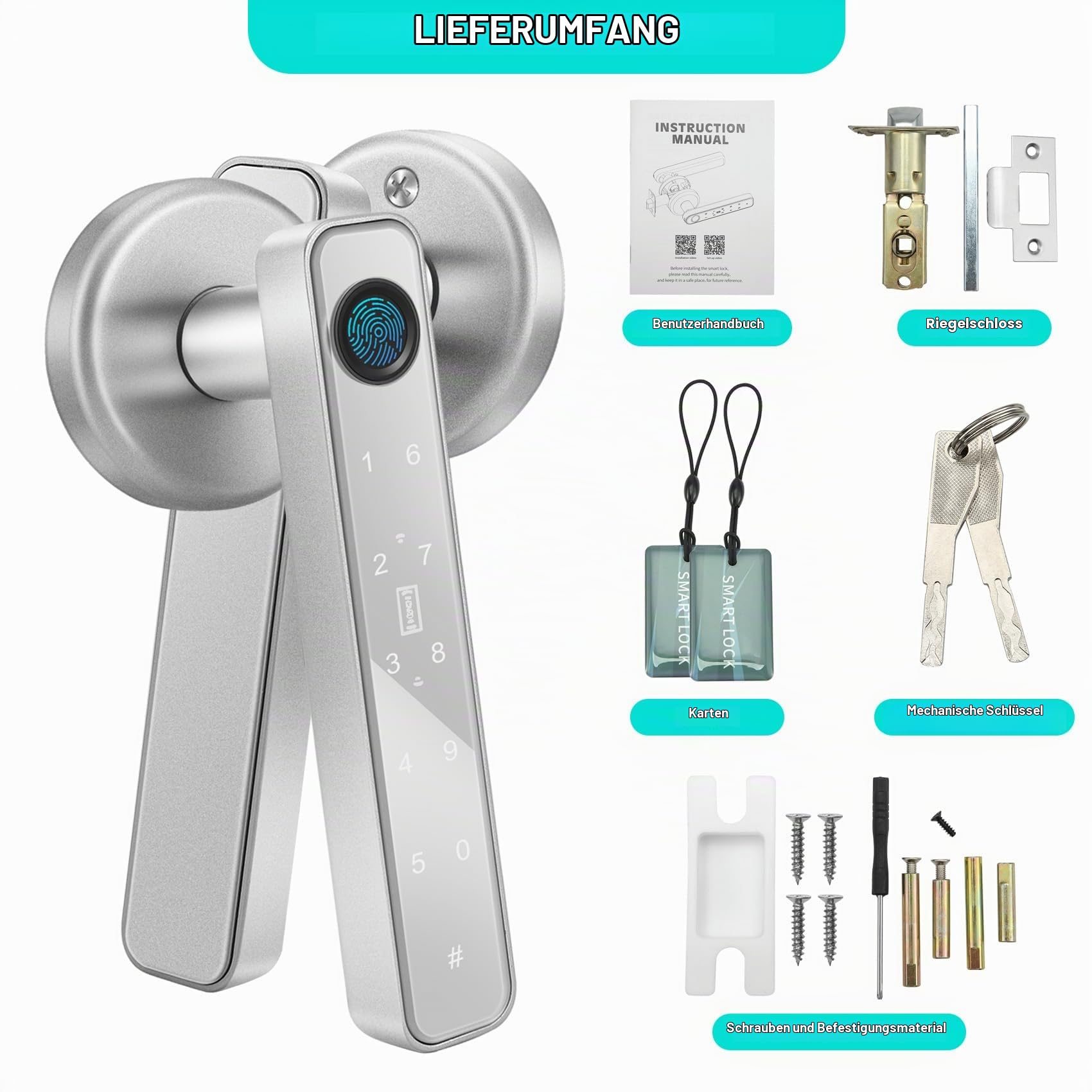 Smart Türschloss Fingerabdruck, Tastaturschloss mit Griff, Elektronisches Riegelschloss Per App Gesteuert, Code-Entriegelung/Touch, Intelligentes Türschloss für Haustür, Haus, Büro, Wohnung