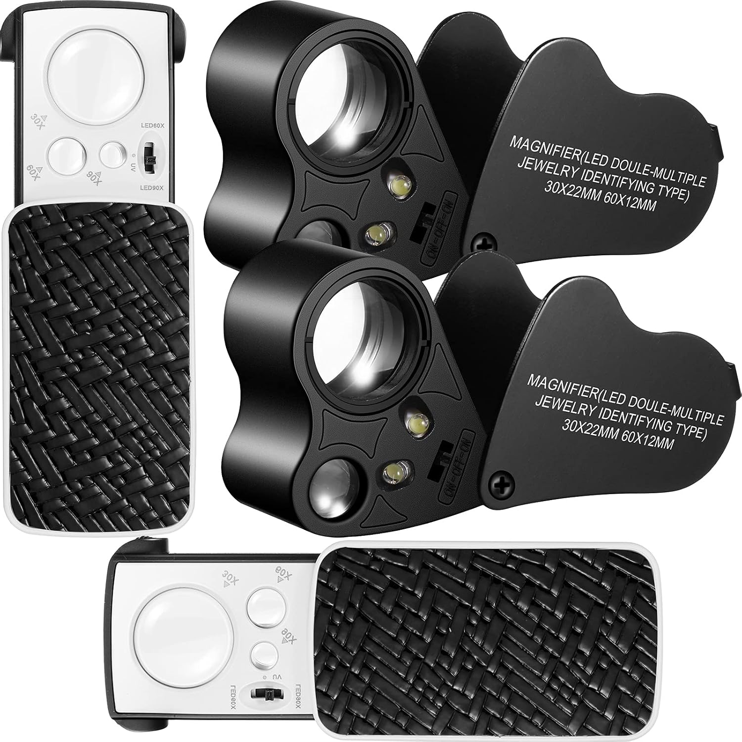 Vetivr 4 Pieces Jewelers' Loupe 30X 60X 90X Illuminated Jewelers Eye Loupe Magnifier Foldable Jewelry Magnifier Loop Magnifying Glass with LED Light for Jewelry Gem Stamp Watch Rock (Black)