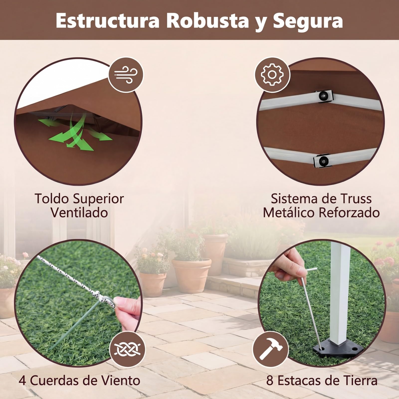 GOPLUS Carpa Plegable 3,5x3,5 cm, Cenador Pop-up de Jardín con 4 Mosquiteras Extraíbles, Altura Ajustable, Bolsa de Transporte, Protección Solar, Gazebo para Fiestas (Marrón,con Mosquiteras)