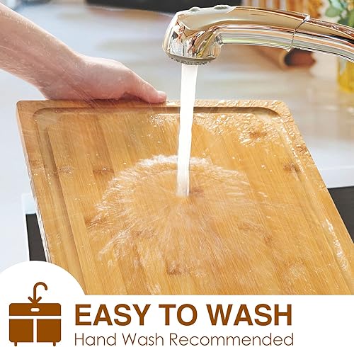 Miniatura 6 de Tabla de cortar 2XL, tablas de cortar de bambú de 20 pulgadas para cocina con ranura para jugo y asas, tabla de cortar de cocina para carne y queso,