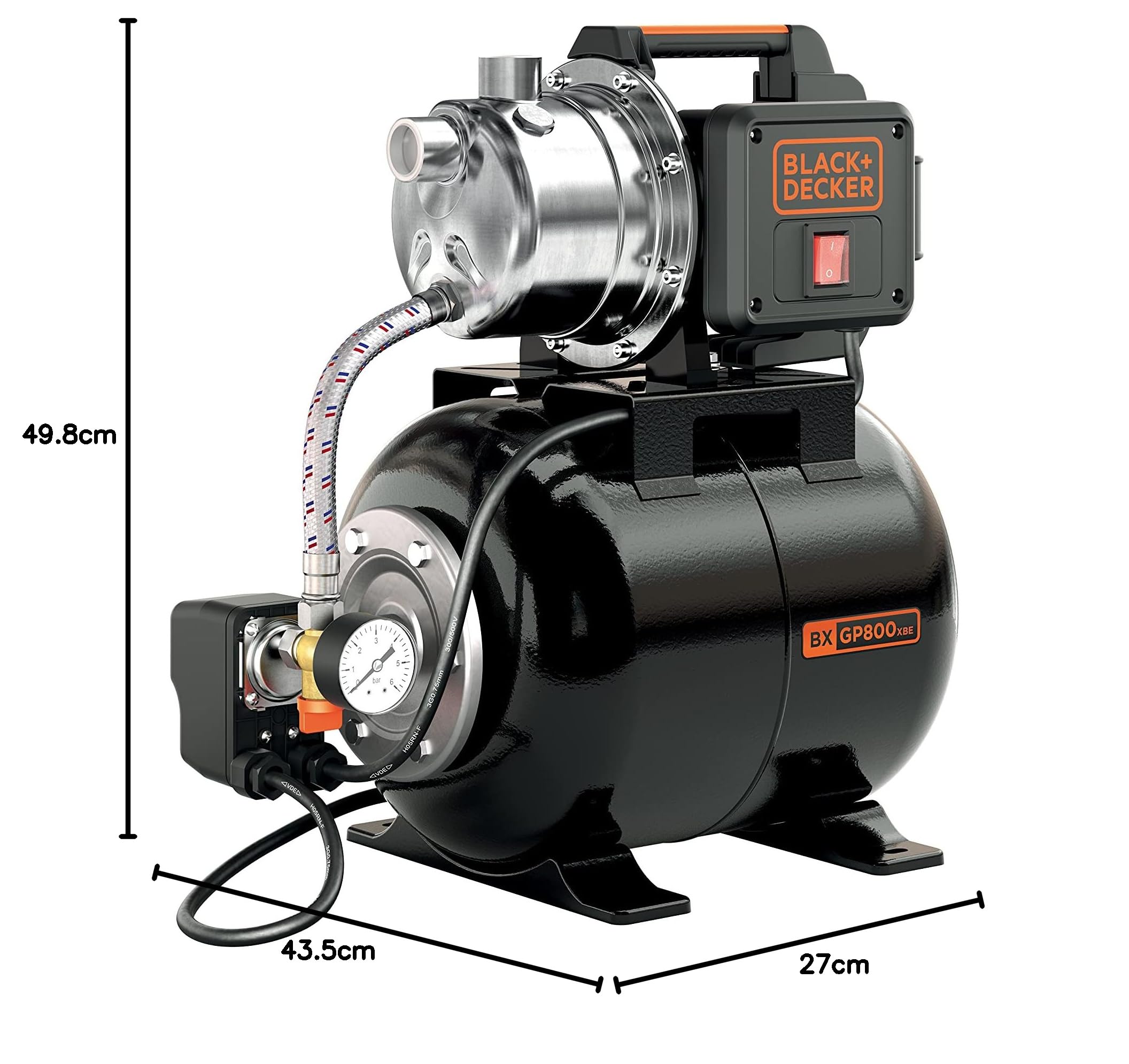 BLACK+DECKER Pompa Autoadescante BXGP800XBE con Serbatoio per Acque Chiare (800 W, Portata max. 3.500 l/h, Prevalenza max. 38 m)
