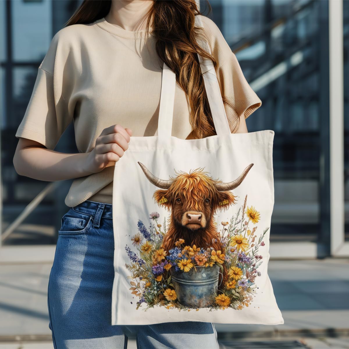 Highland Cow and Flower Canvas Tote Bag, Highland Cow Lover Gift, Reusable Grocery and Shoulder Bag for Women for Shopping Work Travel Beach, Animal Themed Totes - Image 2