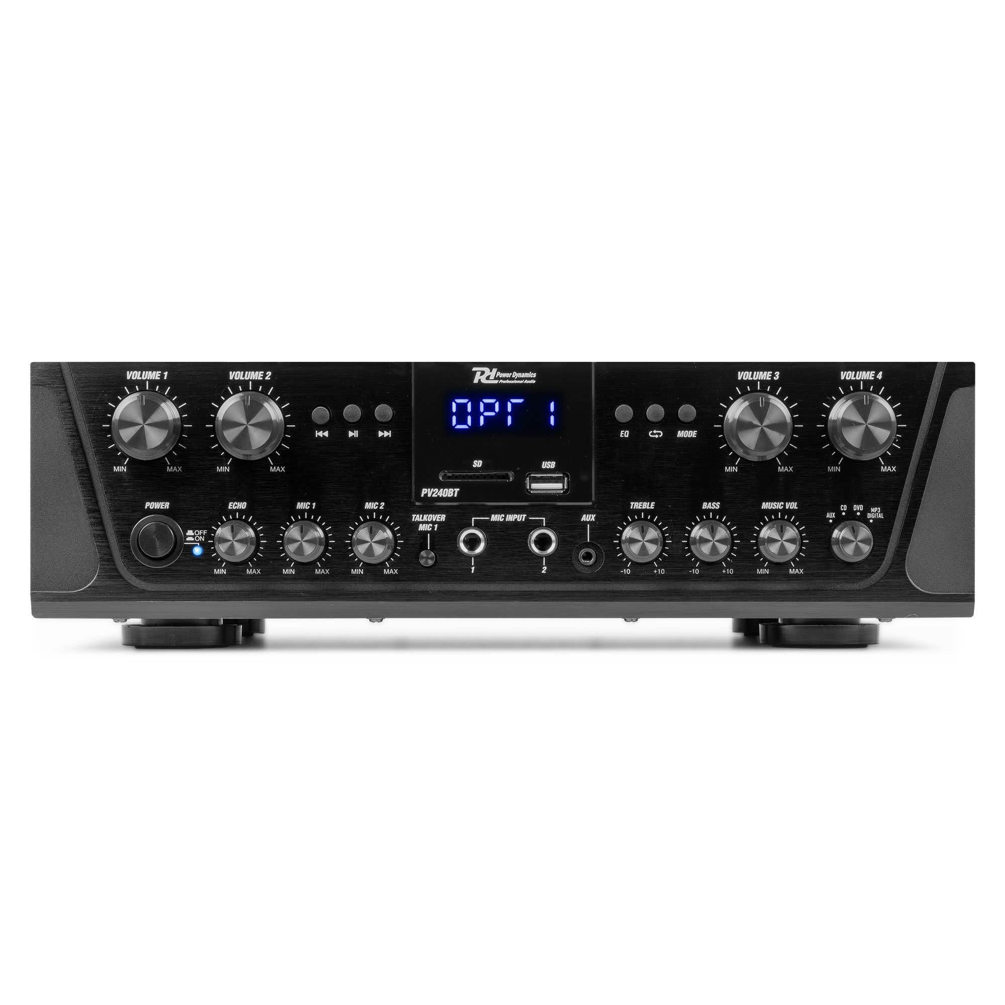 Power Dynamics 4-Zonen Verstärker mit Bluetooth & 8x Outdoor Lautsprecher Boxen – 400W Hifi Set mit 100m Kabel, USB/Radio – Wasserdichtes Soundsystem, 4 Kanal Endstufe für Gastronomie, Zuhause Schwarz