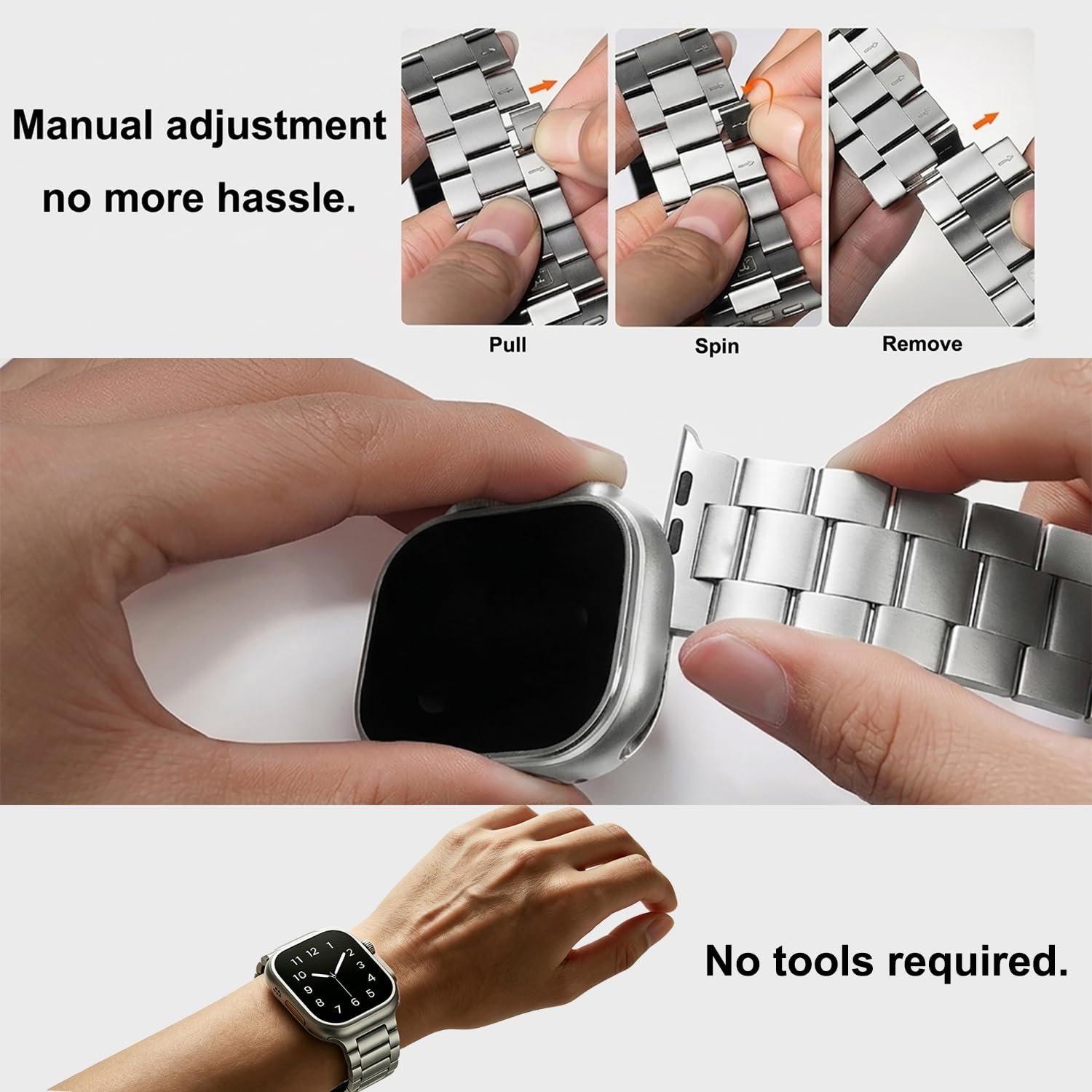 Bracelet réglable sans outil pour Apple Watch – Bracelet en acier inoxydable à dégagement rapide avec revêtement DLC | Compatible avec Ultra 3/2/1 (49 mm), Series 11-1 (46-38 mm), SE | Hommes