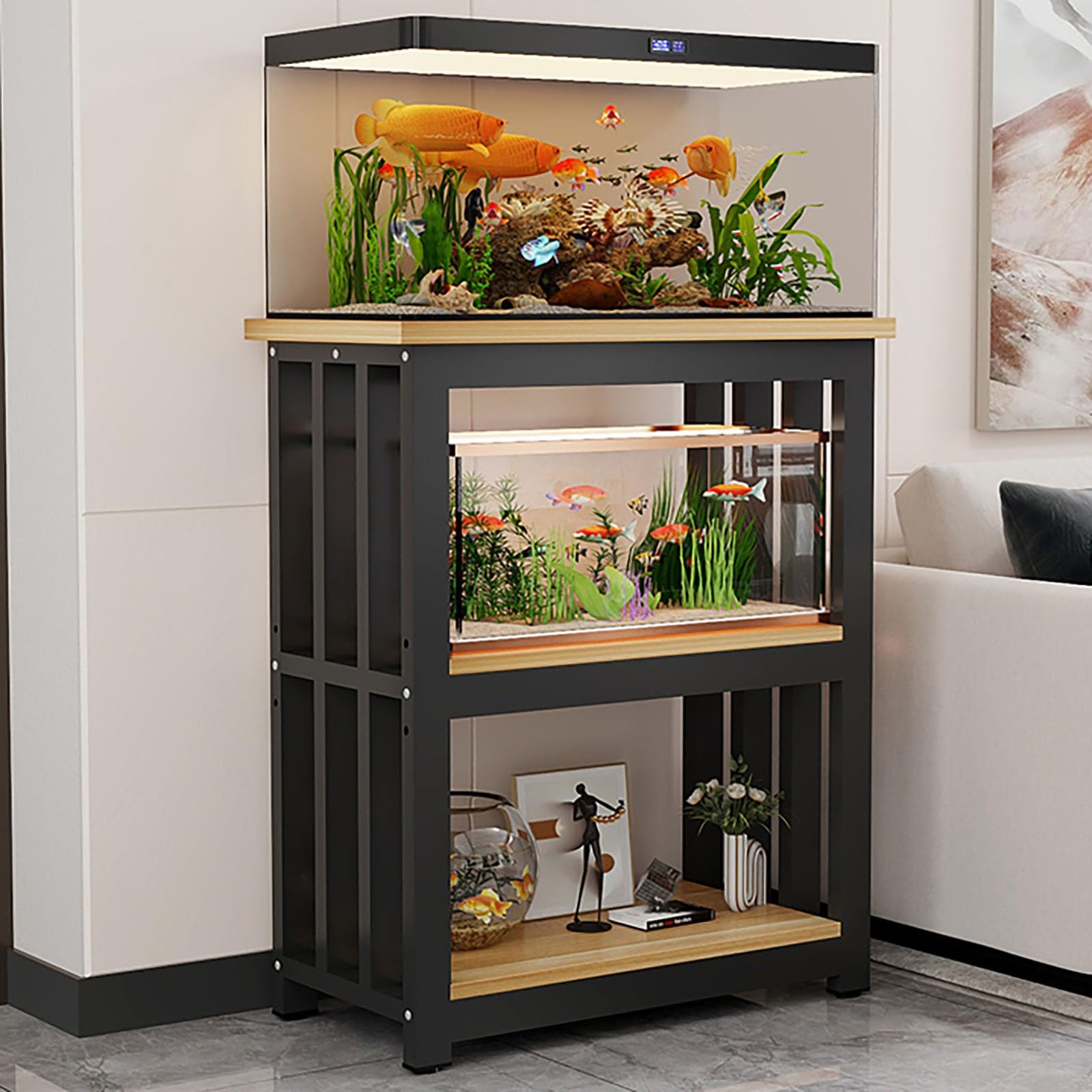 Multi-Tier Aquarium Stand Cabinet - Adjustable Steel Shelf for Large Fish Tanks - Versatile Reptile Rack & Terrarium Table for Home/Office Use