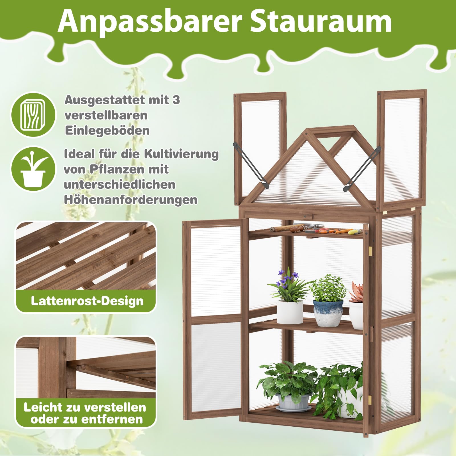 COSTWAY Frühbeet Mini Gewächshaus, 3-stöckiges Pflanzenbeet mit aufklappbarem Dach, Anzuchthaus mit 2 Türen, Treibhaus aus Holz & Polycarbonat, Aufzuchtschrank für Balkon Garten, Braun, 71x41x145cm