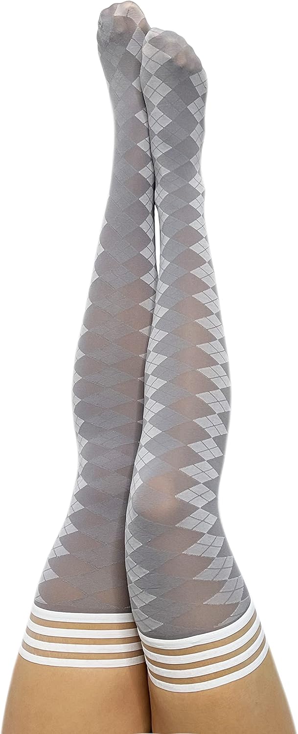 Kix'ies Thigh Highs | Thigh High Womens Stockings with No Slip Grip Stay Ups Thigh Bands | Womens Thigh High Stockings | Sexy Thigh High Stockings & Lingerie for Women (Grey Arglye | 1346B)