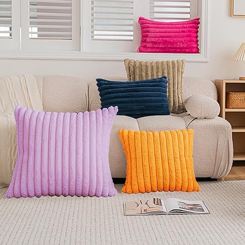 Miniatura 4 de BAOLIZEGAO Juego de 2 fundas de almohada de felpa de pelo sintético de doble cara de 20 x 20 pulgadas, a rayas, suaves y acogedoras, fundas de cojín